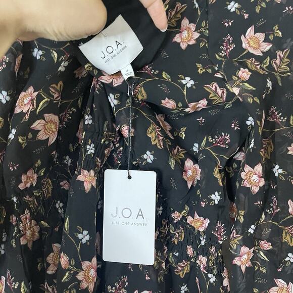 NEW! J.O.A. Black Floral Back Cut Out Smocked Waist Asymmetrical Dress Med - Picture 7 of 7